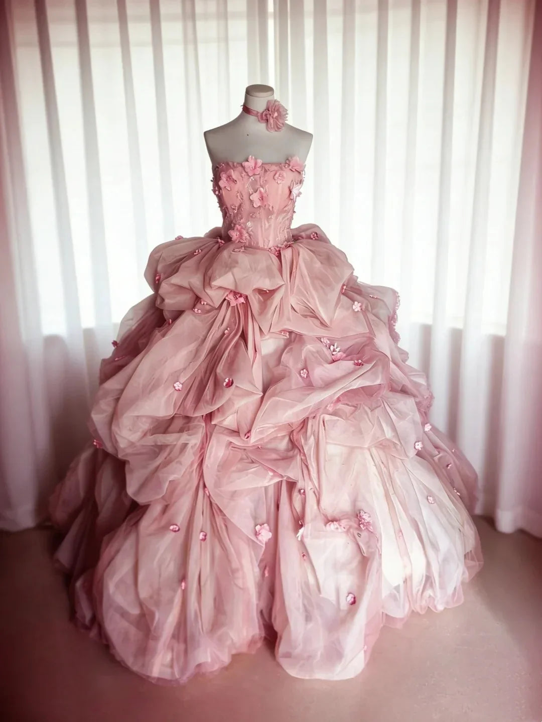 Blush Pink Strapless 3D Flower Ruffle Ball Gown Prom Dress with Halter Neck