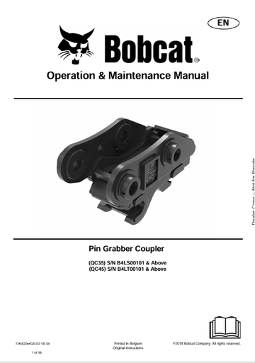 Bobcat QC35, QC45 PIN GRABBER Operation & Maintenance Manual 7346620 - PDF