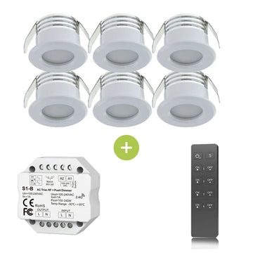 Set van 6 ronde LED mini inbouwspots met witte rand, inclusief draadloze afstandsbediening en dimmodule, vooraanzicht van de spots en accessoires.