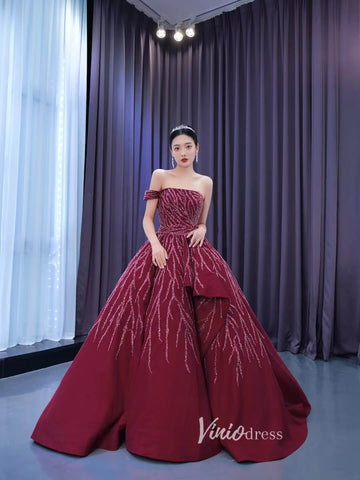 Burgundy Cinderella Ball Gown Wine Red Wedding Dresses with Slit 222105-Quinceanera Dresses 2025 -Viniodress-Burgundy-Custom Size-