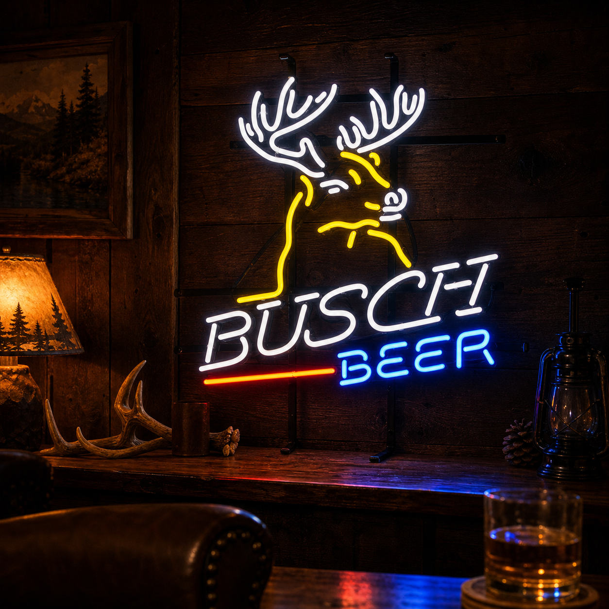 A illuminated glowing neon sign featuring the words "Deer Beer & Bar" in stylized font, accented by two leaping deer silhouettes, glowing amber and yellow.