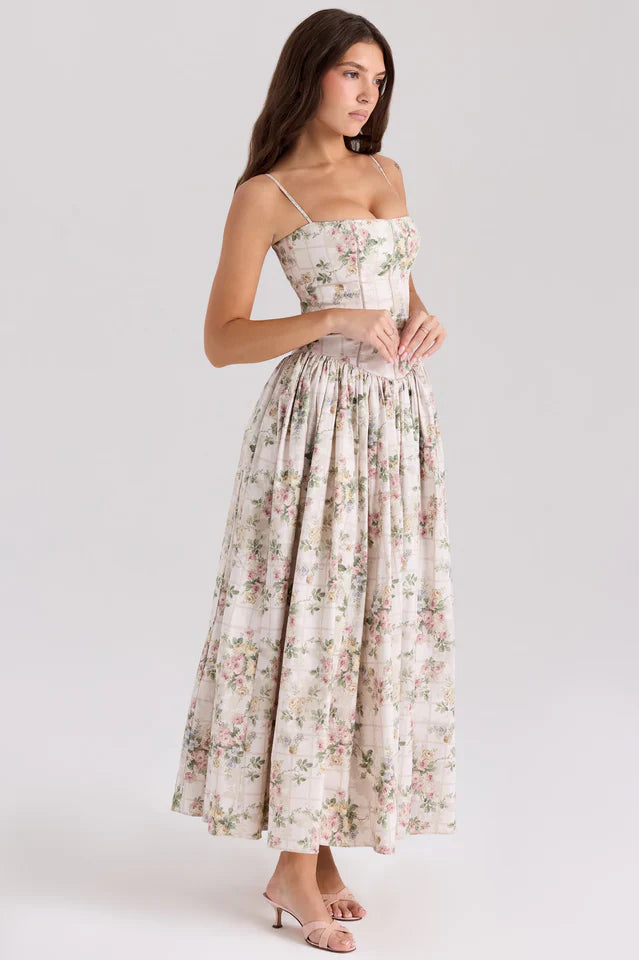 Vintage Rose Print Cotton Midi Sundress
