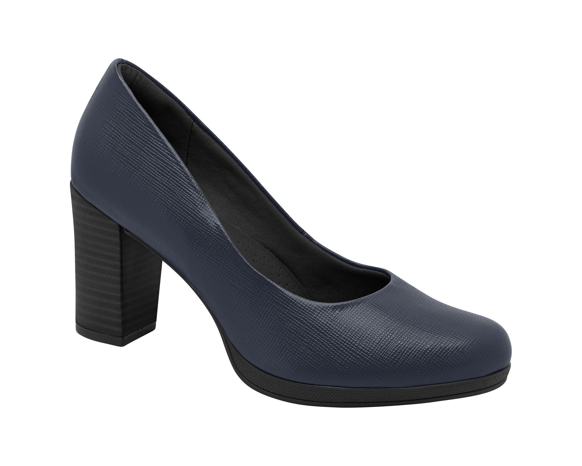 The Piccadilly Ref: 130185-332 Court Business Shoe in navy showcases elegance and professionalism, featuring a textured surface, closed toe, and chunky block heel—perfect for a polished business look on any occasion.