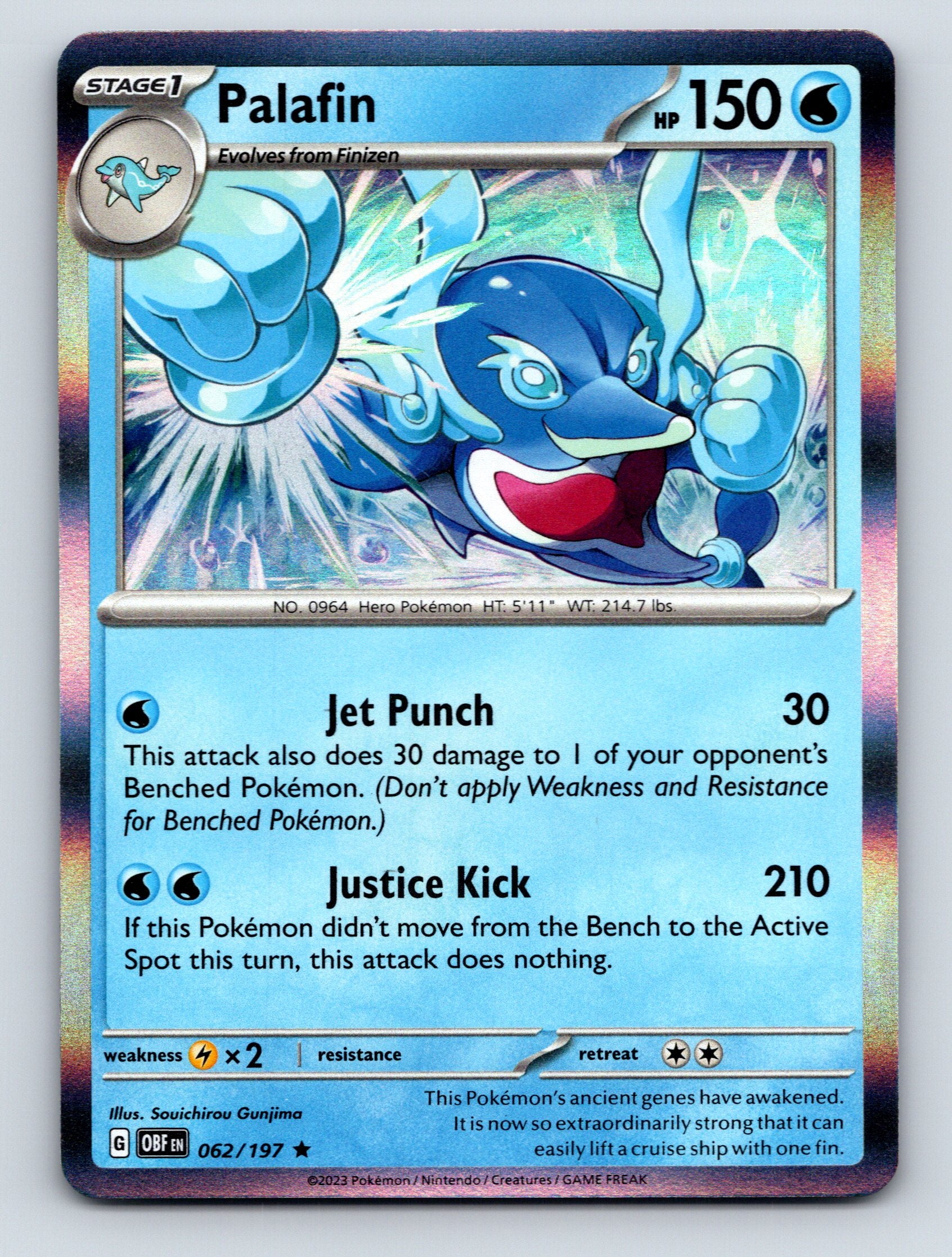 Stage 1 Palafin HP 150 Jet Punch Justice Kick Rare Blue Pokémon Card