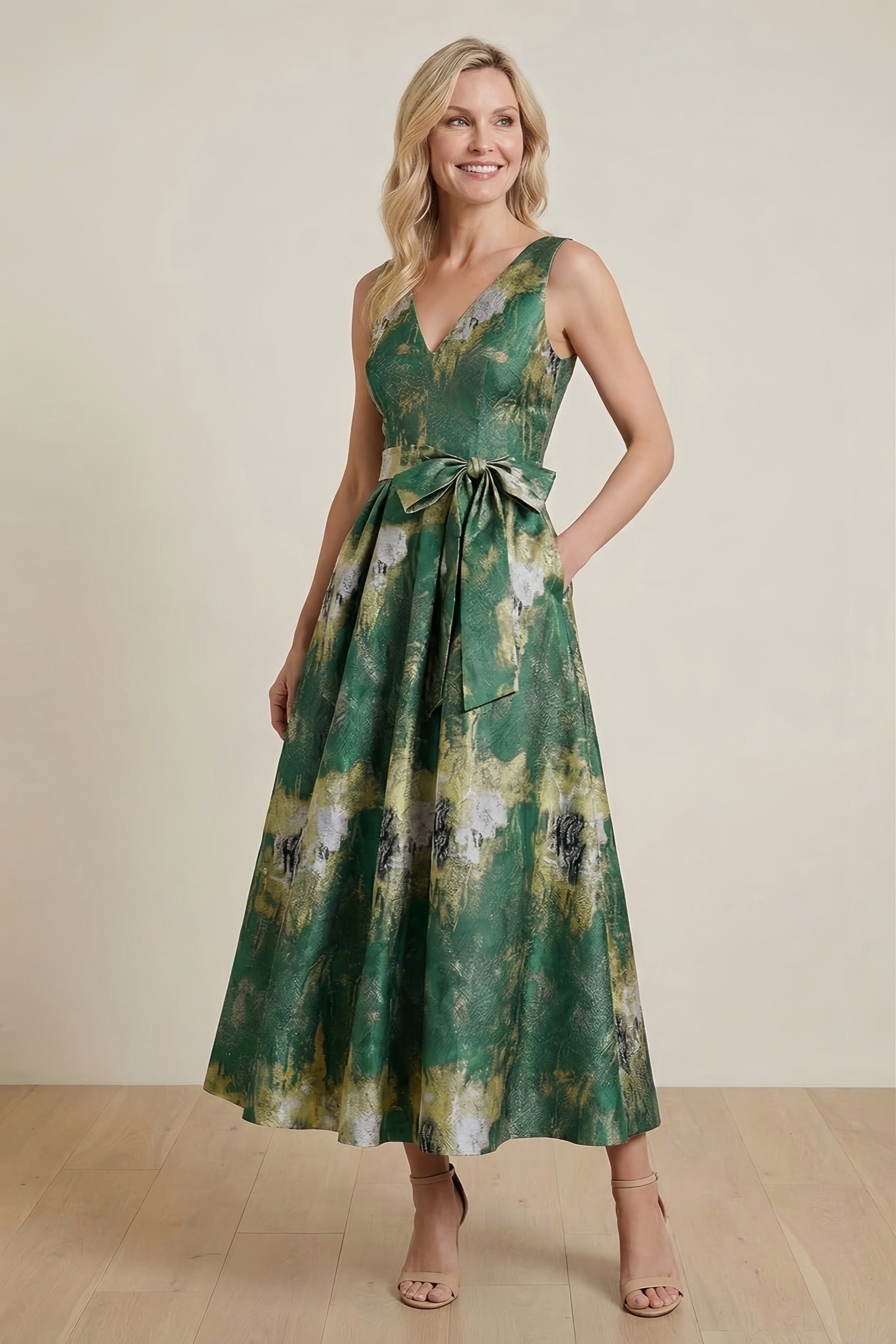 A-Line Tea-Length Jacquard Mother of the Bride Dress CM0425