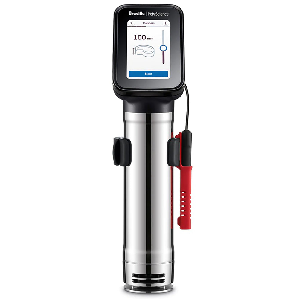 Stainless sous vide immersion circulator with black touchscreen and red side clip