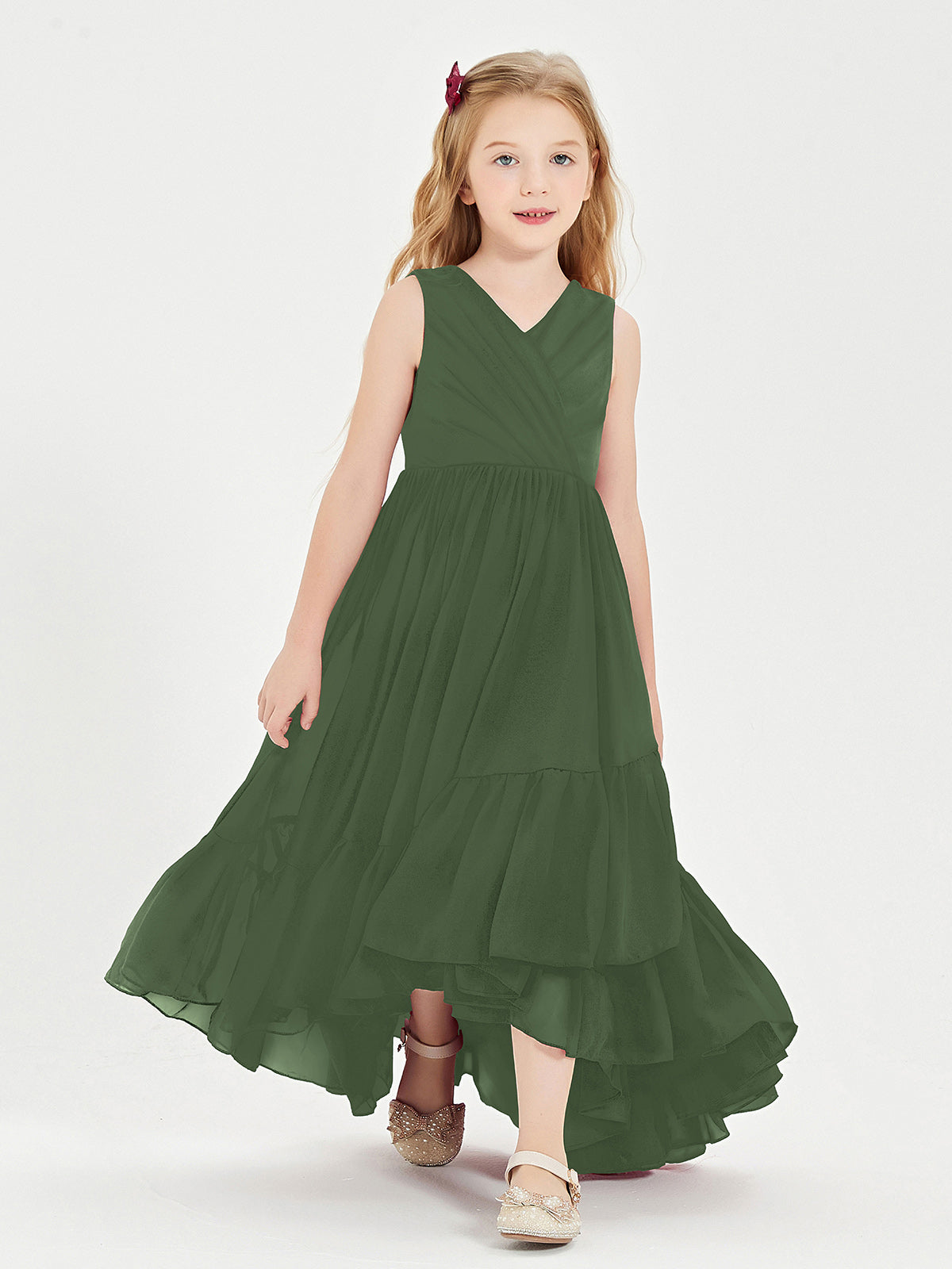 Boho Robes de Demoiselles d'Honneur Junior à Jupe en Cascade Olive Verte
