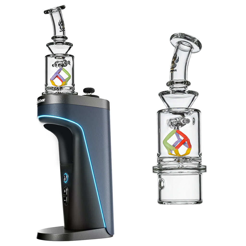 Calibear Spinning Cube Dry Top glass attachment for Dr. Dabber Switch 2 featuring a colorful internal spinning cube and clear borosilicate glass body.