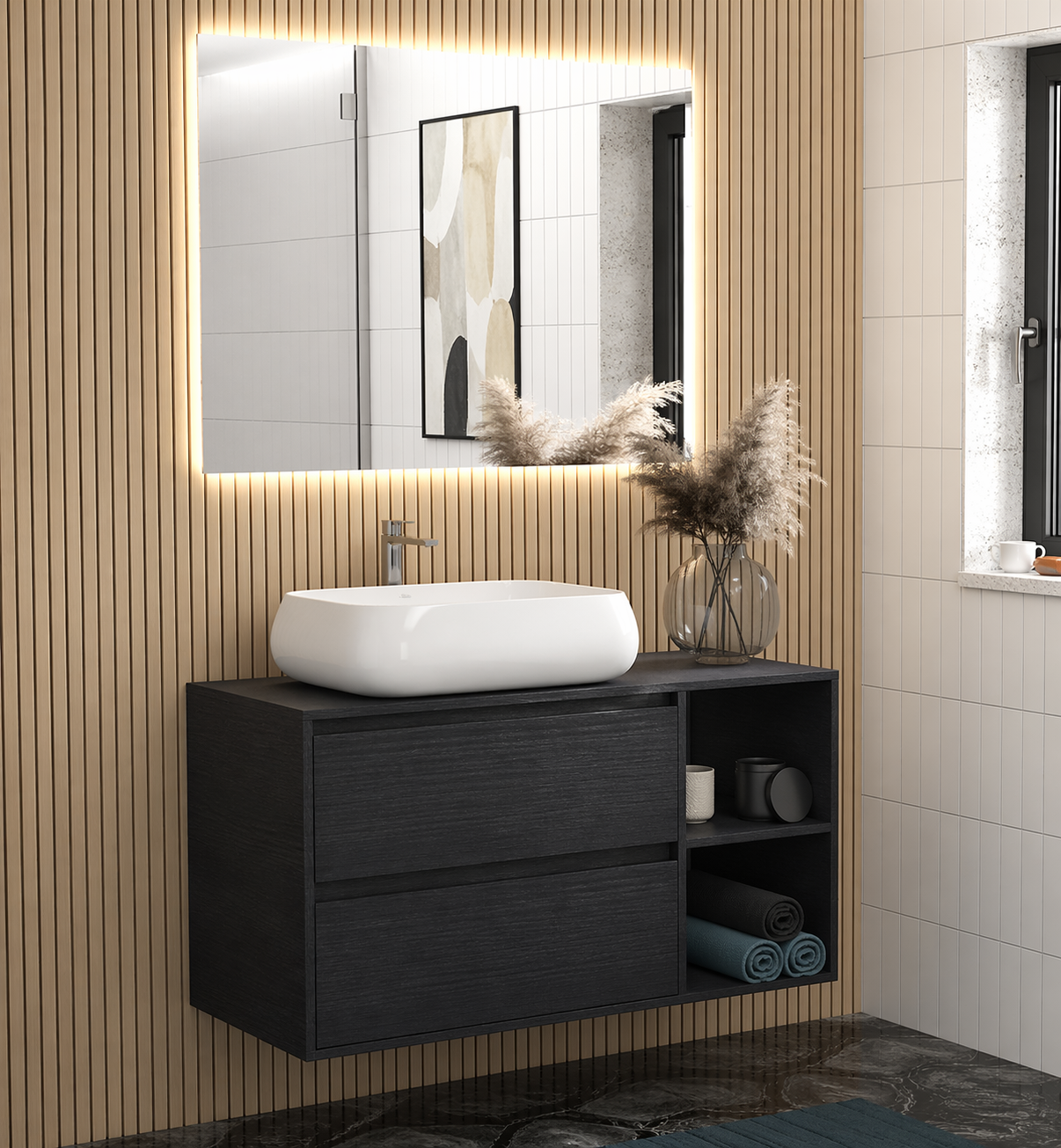 Mobile bagno sospeso Ginevra 90 cm con lavabo appoggio e specchio LED - Rovere Moro
