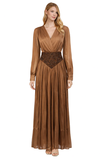 long-sleeve pleated maxi dress with embellished waist panel – SIENNA