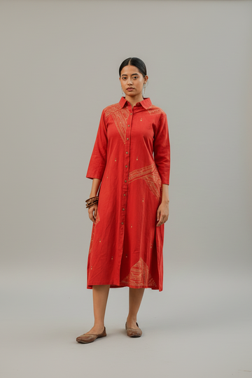 Brick Red Geometric Hand Embroidered Handloom Cotton Dress