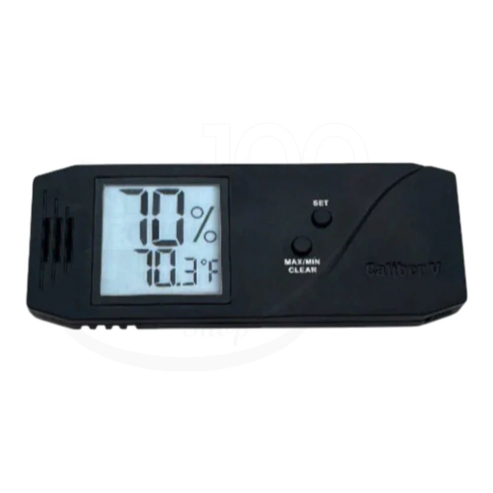Cigar Oasis Caliber V Slim digital hygrometer in black plastic with large LCD showing humidity and temperature display