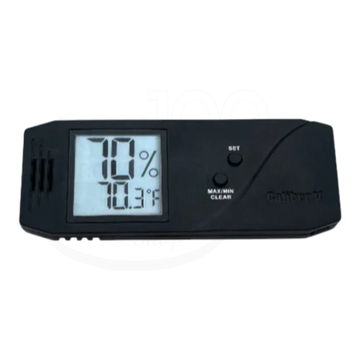 Cigar Oasis Caliber V Slim digital hygrometer in black plastic with large LCD showing humidity and temperature display