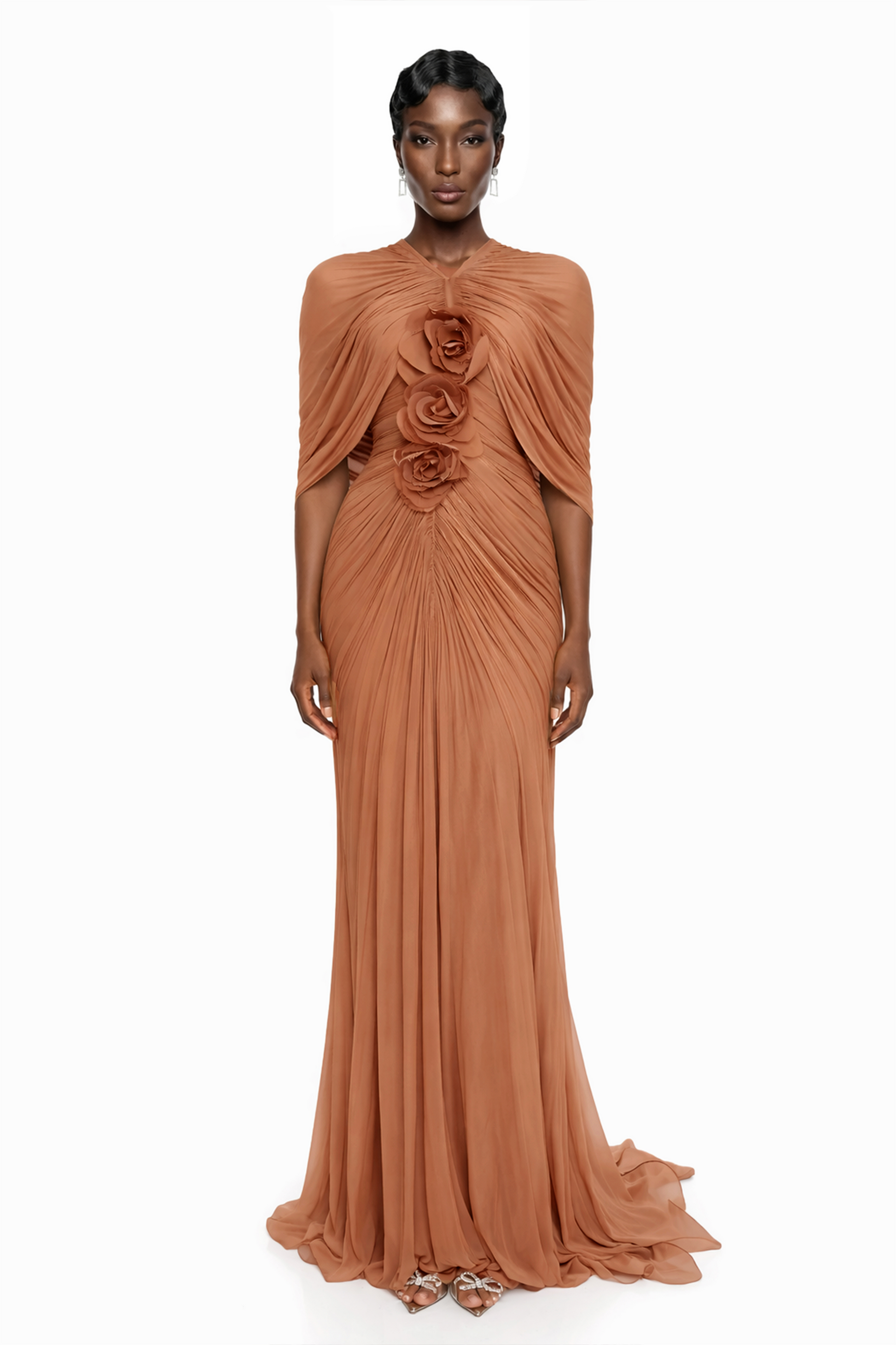 Terracotta gathered cape gown with floral rosettes