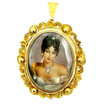 Ciondolo/spilla vintage, con miniatura dama dipinta a mano, oro; 12.06 gr