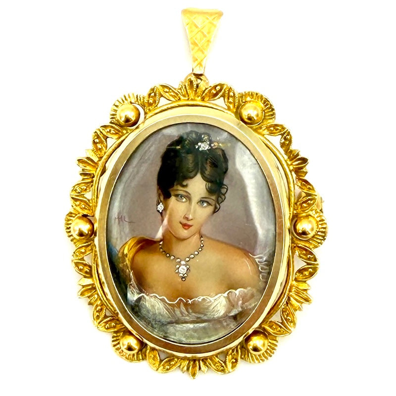 Ciondolo/spilla vintage, con miniatura dama dipinta a mano, oro; 12.06 gr