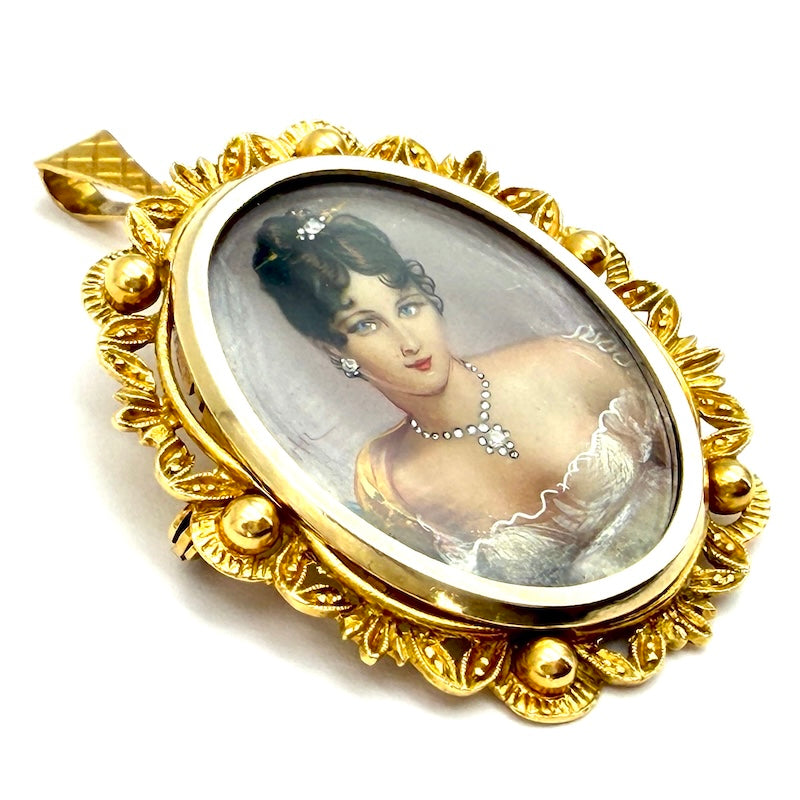 Ciondolo/spilla vintage, con miniatura dama dipinta a mano, oro; 12.06 gr