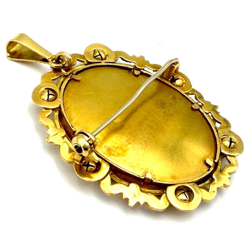 Ciondolo/spilla vintage, con miniatura dama dipinta a mano, oro; 12.06 gr
