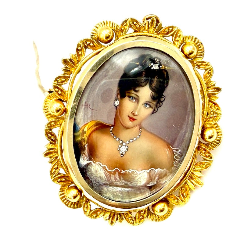 Ciondolo/spilla vintage, con miniatura dama dipinta a mano, oro; 12.06 gr