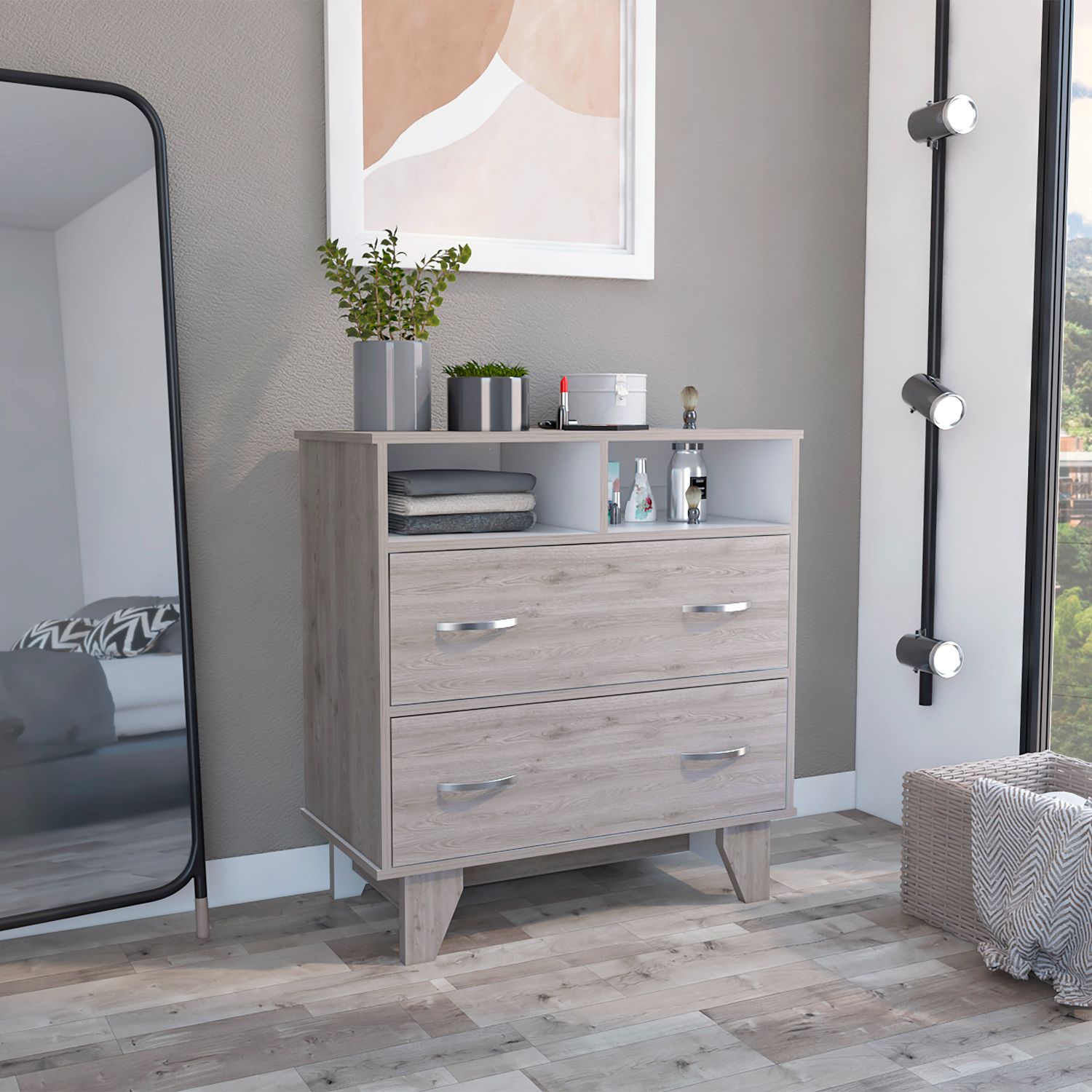 Portanova Two-Drawer Dresser with Dual Open Storage Shelves, Spacious Superior Top Surface, Four-Leg Modern Frame and Functional Bedroom Organization Design for Clothes, Accessories and Everyday Home Storage Needs