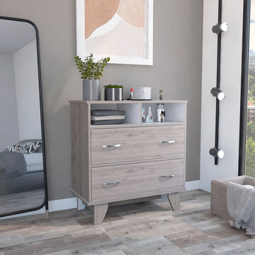 Portanova Two-Drawer Dresser with Dual Open Storage Shelves, Spacious Superior Top Surface, Four-Leg Modern Frame and Functional Bedroom Organization Design for Clothes, Accessories and Everyday Home Storage Needs