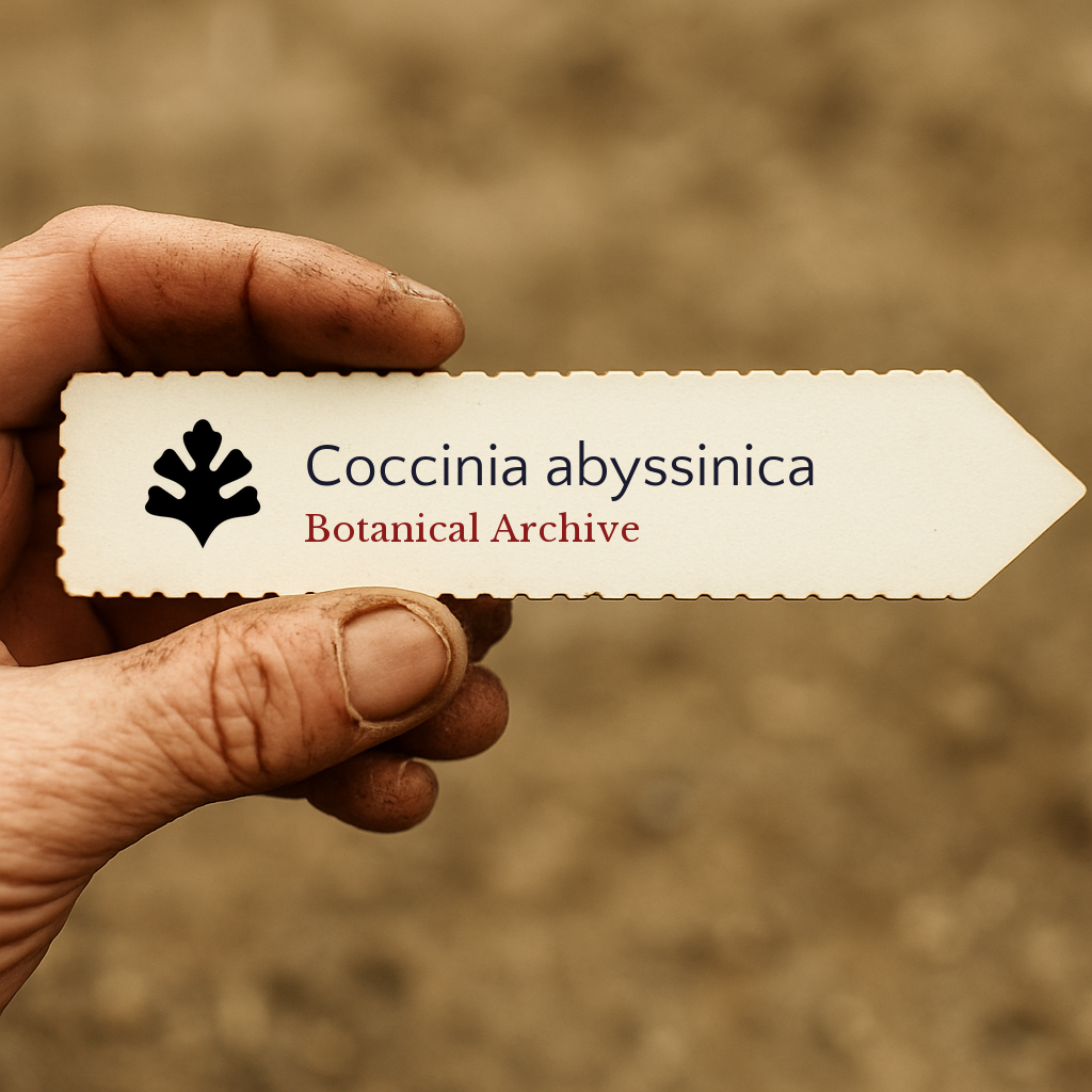 Printed plant label for Coccinia abyssinica with botanical archive logo held by hand