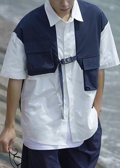 Cool Navy Button False Two Pieces Patchwork Cotton Men Shirts Summer