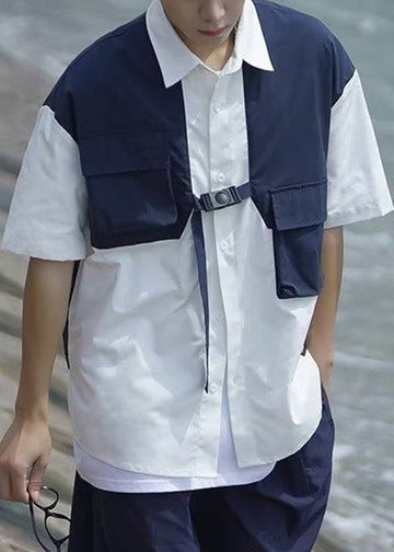 Cool Navy Button False Two Pieces Patchwork Cotton Men Shirts Summer