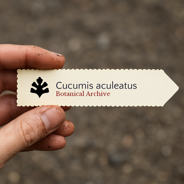 Printed plant label for Cucumis aculeatus held by hand with soil background