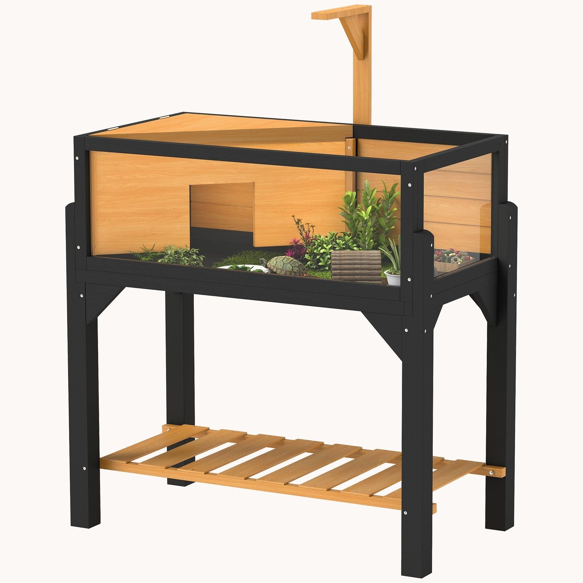 Wooden Tortoise Habitat with Storage Shelf Open Top Lamp Holder Yellow