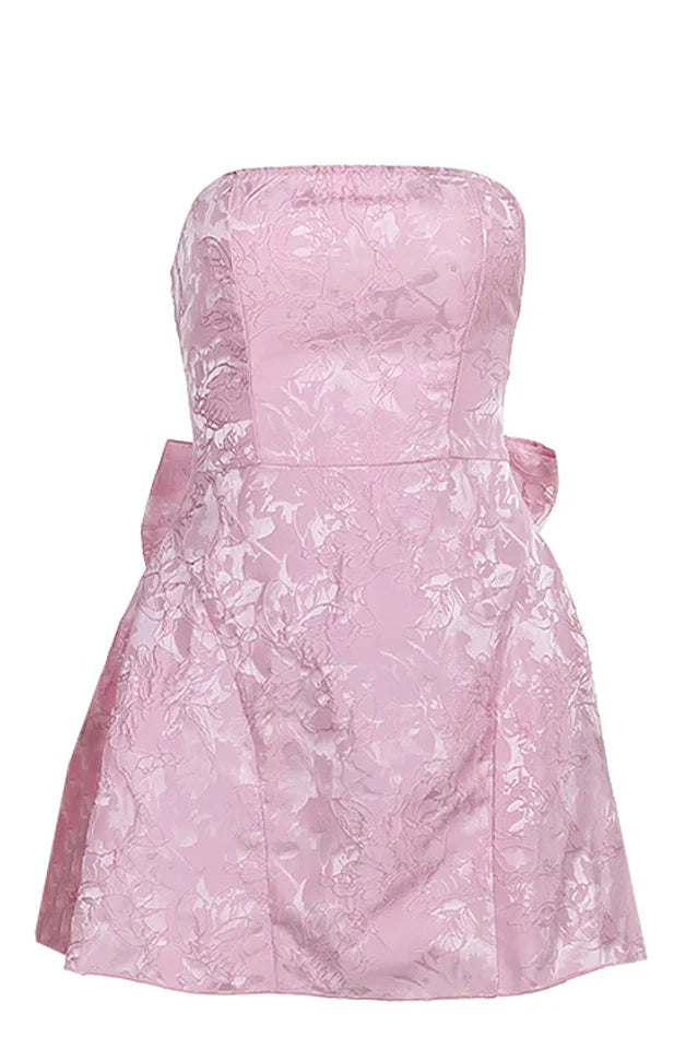 Jacquard Print Tube Back Bow Mini Dress