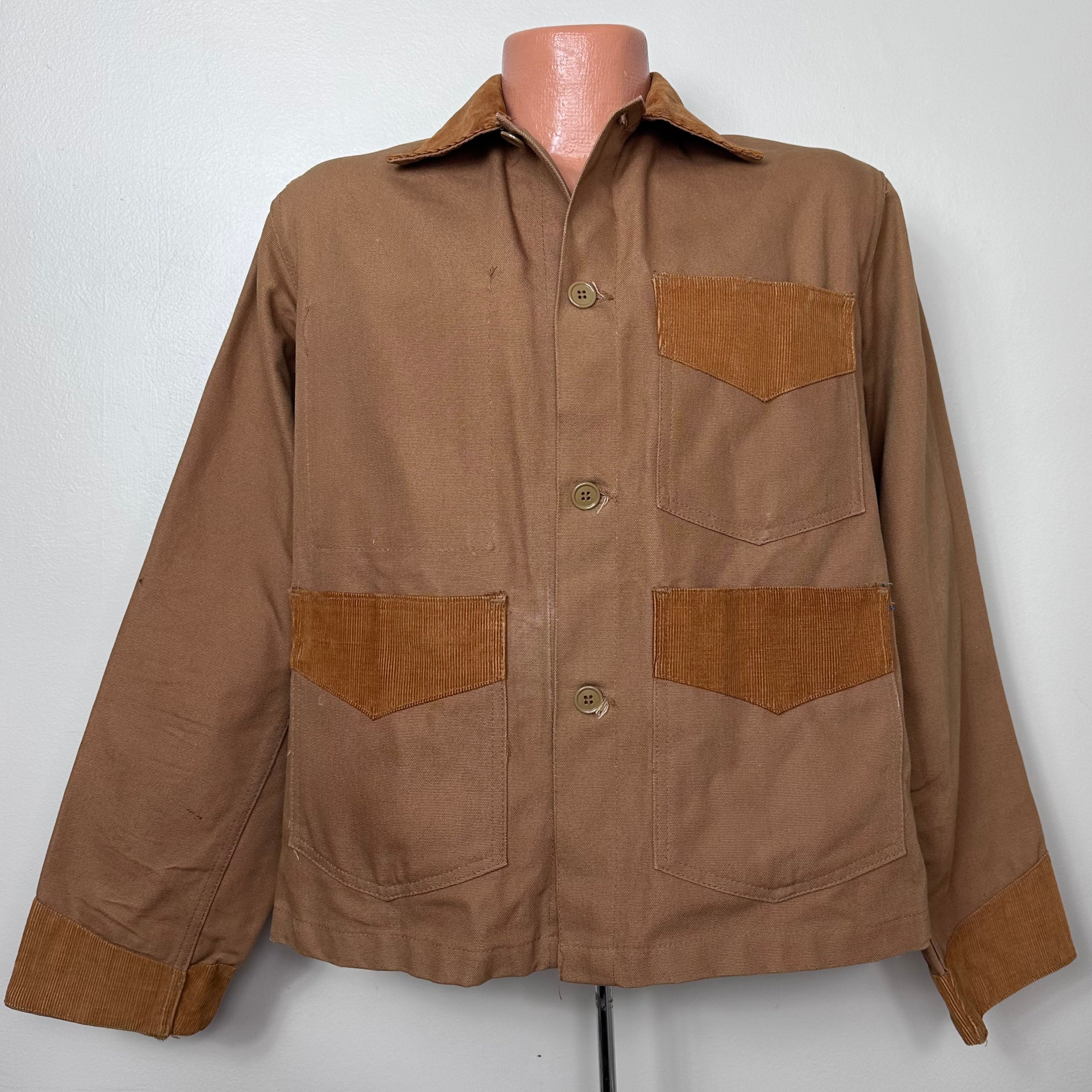 1970s Brown Brush Jacket, Weather Jack by Ely & Walker Size 38, Canvas Chore Coat with Corduroy Trim
