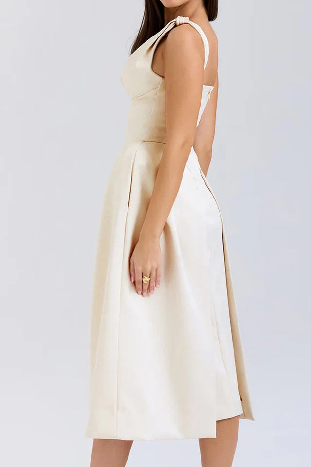 Deep V Neck Cinch Waist Satin Midi Dress