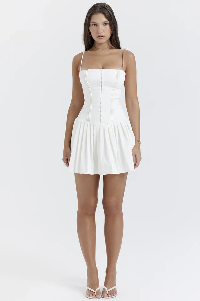 Marcy White Pleated Mini Dress