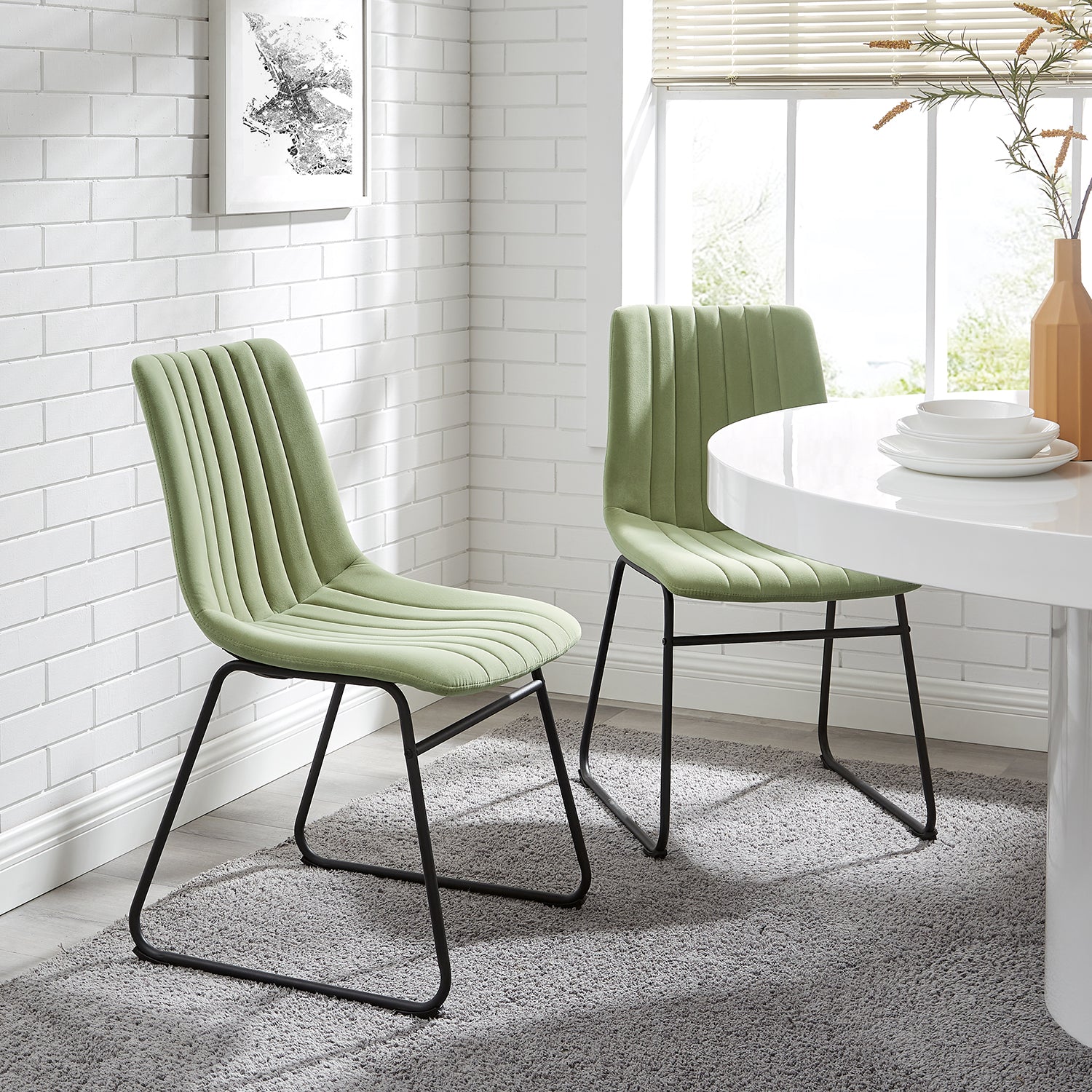 Sutton Set of 2 Sage Green Velvet Fabric Fluted Dining Chairs with Metal Frame - daals