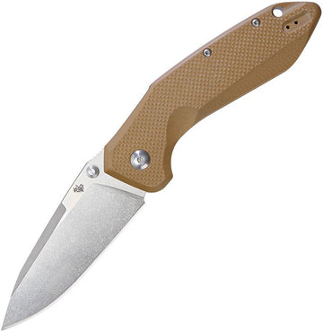 DOTS Gear Hercules LinQ Lock folding knife with stonewashed blade and brown textured handle.