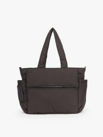 CALPAK Diaper Tote Bag with Laptop Sleeve made with durable, recycled, water-resistant material and a magnetic front pocket closure in black; TBB2401-BLACK