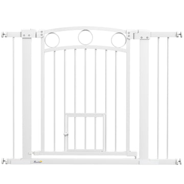 PawHut 77cm Tall Dog Gate with Cat Door, 7cm and 14cm Extensions, for Stairs & Doorways, 76-104cm Width