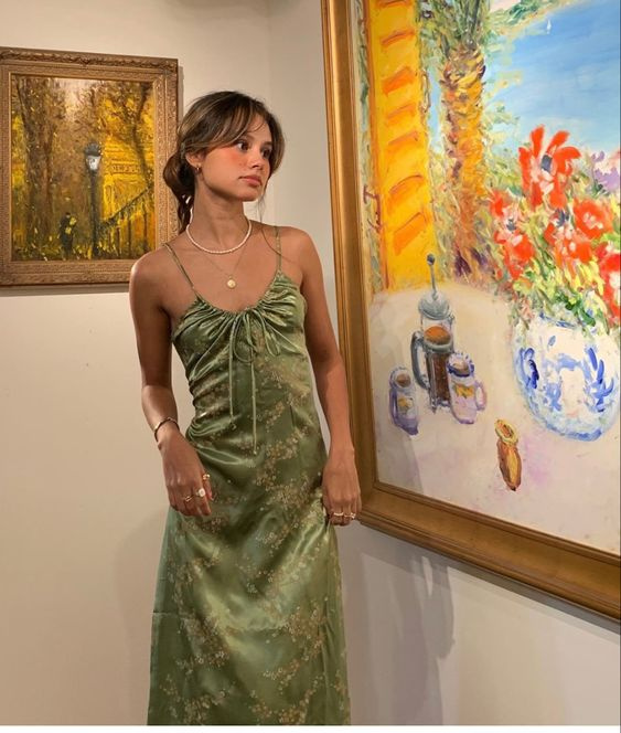 Vintage Green Floral Printed Satin Spaghetti Strap Midi Length Party Dress DP1839