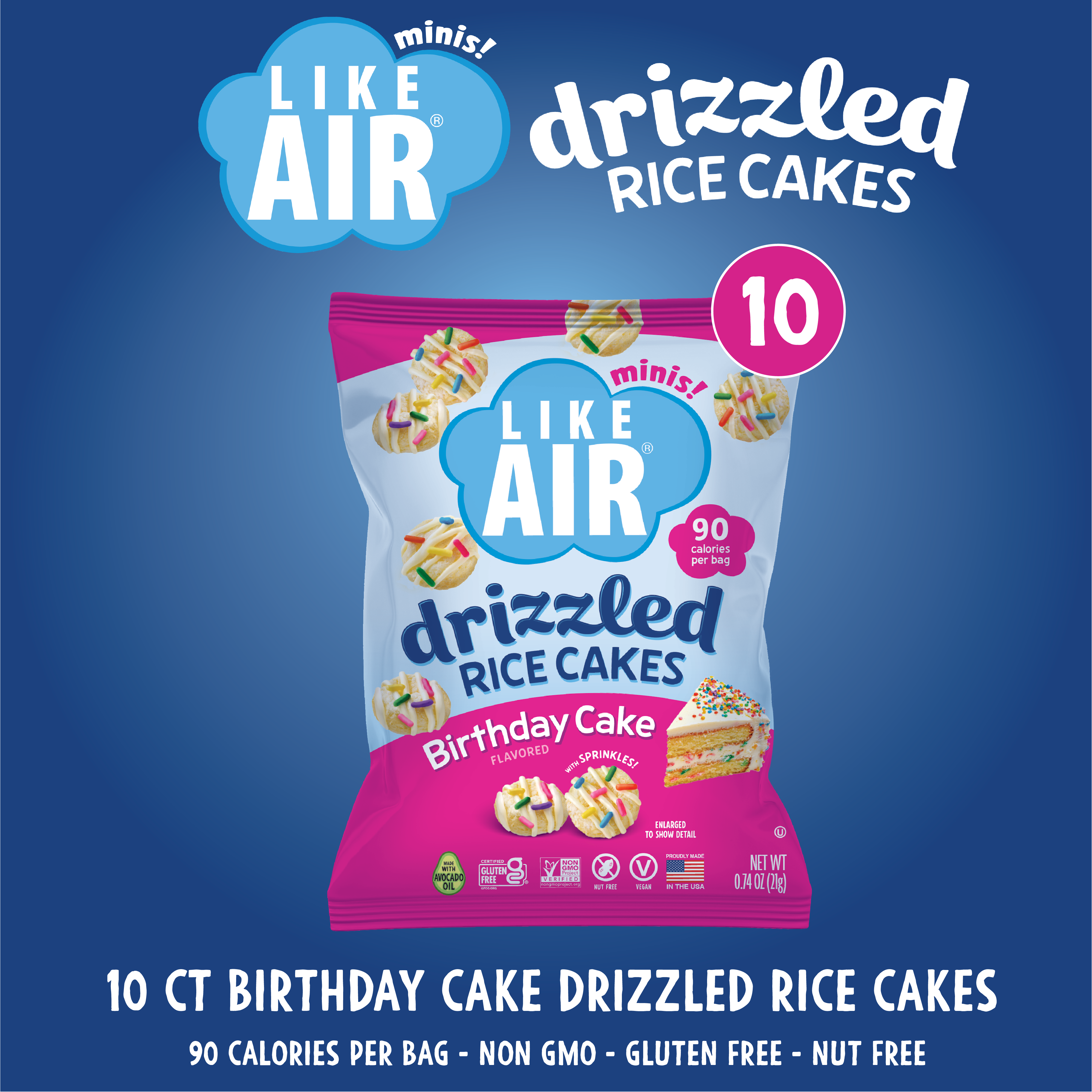 Like Air Single Serve Birthday Cake Drizzled Rice Cakes Pack - 0.74oz, 10 bags