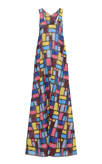 Aurora Multi Linen Niki Patchwork Embroidered Maxi Dress - Front View | Gabriela Hearst