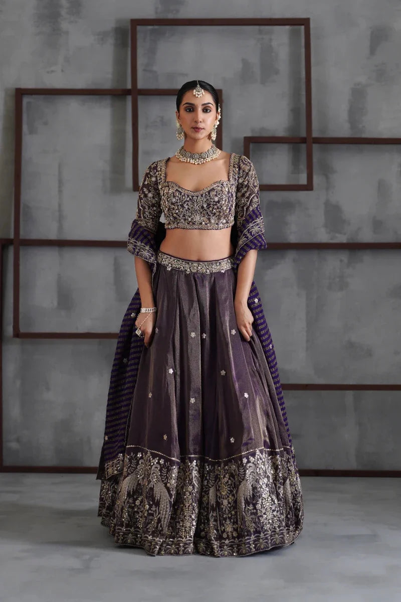 Purple Tissue Embroidered Blouse, Lehenga and Dupatta Set