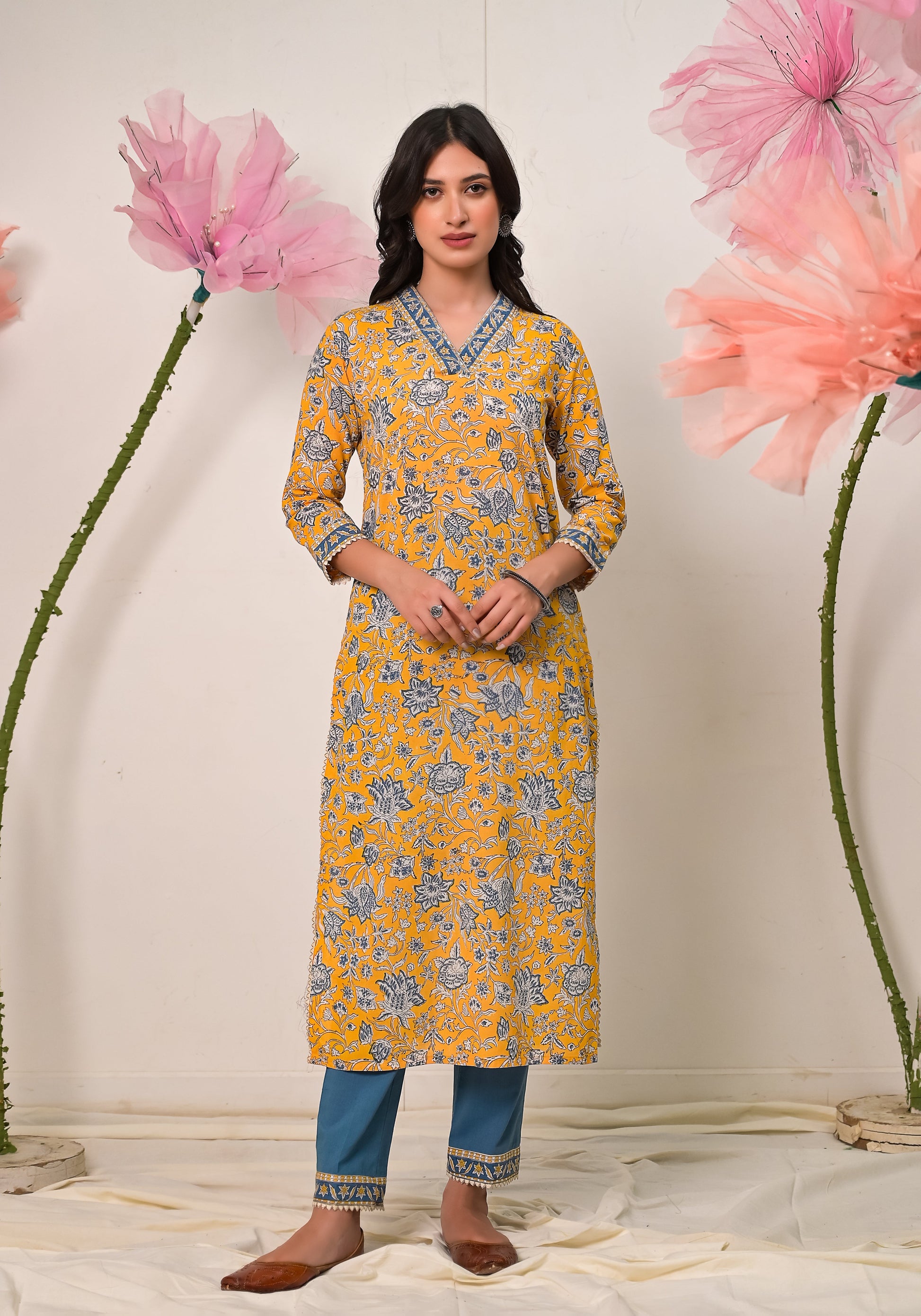 Florence block print V-neck Yellow cotton kurta