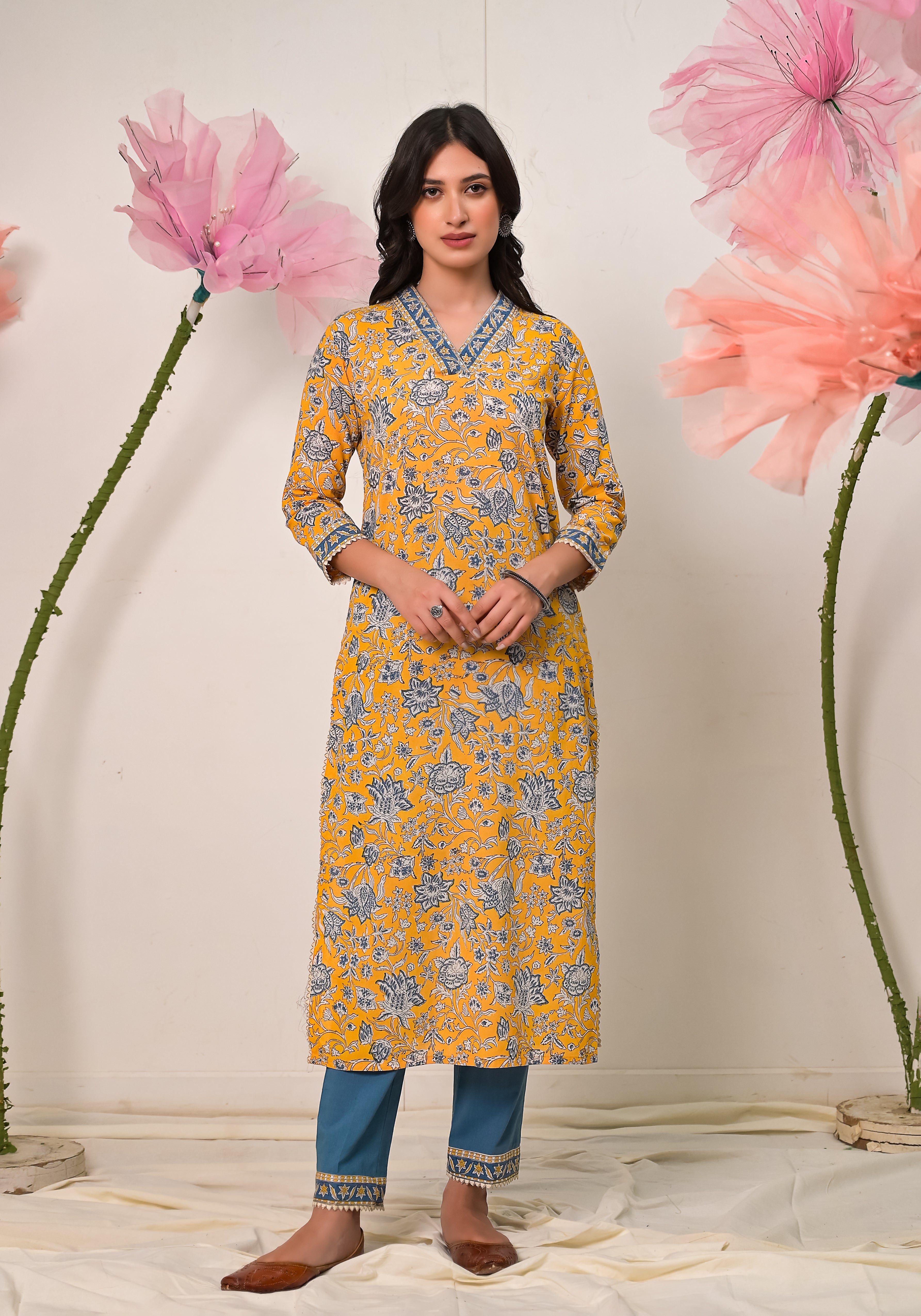 Florence block print V-neck Yellow cotton kurta