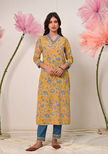 Florence block print V-neck Yellow cotton kurta