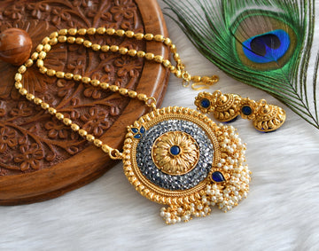 Antique gold tone big transparent blue stone pearl cluster chain set dj-01366