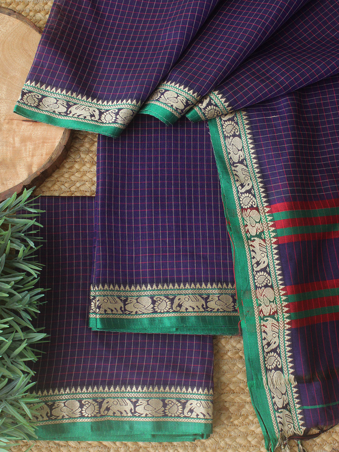 Purple Checks Dharwad Cotton Dress Material With Woven Border