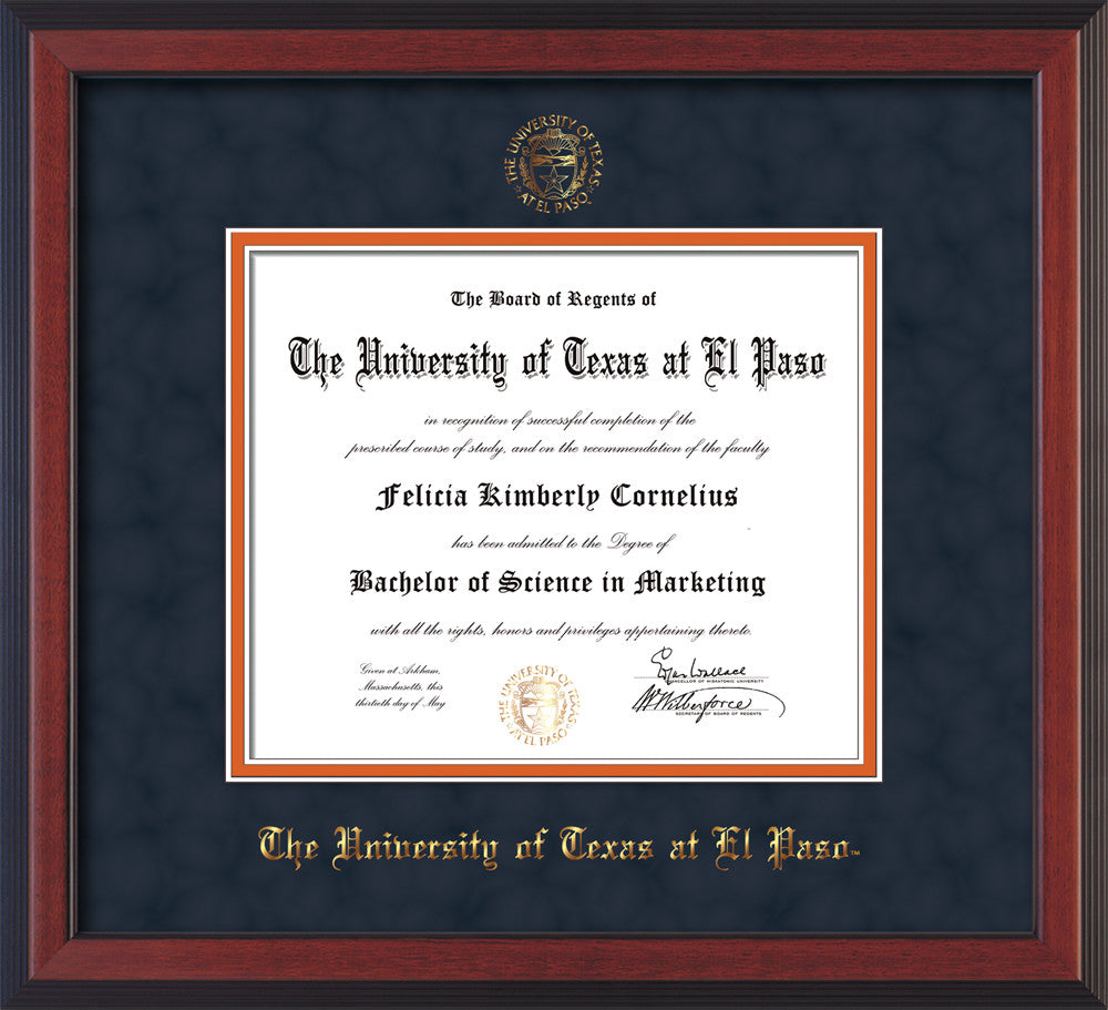 Image of University of Texas - El Paso Diploma Frame - Cherry Reverse - w/UTEP Embossed Seal & Name - Navy Suede on Orange mat