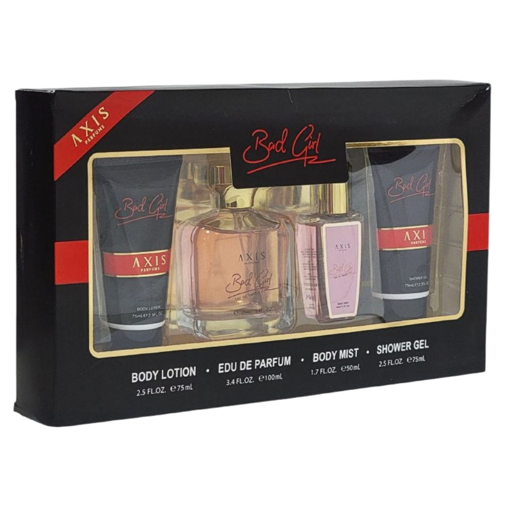 SET BAD GIRL AXIS PARFUMS EDP 100ML, BODT LOTION 75ML, SPLASH 50ML, SHOWER GEL 75ML (M) (AROMA SIMILAR CAROLINA HERRERA GOOD GIRL VERY)