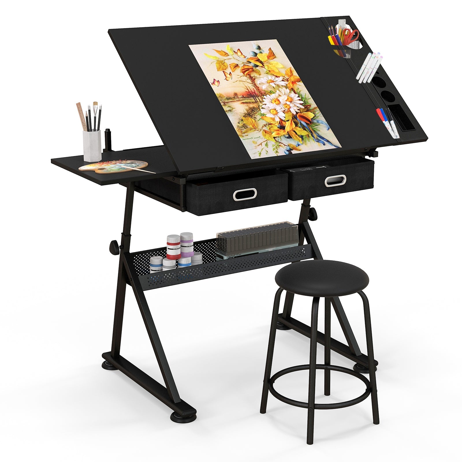 Drawing Table and Stool Set - 2- Adjustable Tilt Tabletop with Storage Drawers in Black - 3- Perfect for Artists or Designers